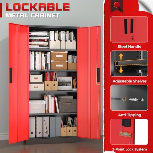 Superday 71" Lockable Steel Storage Cabinet, Locking Metal Storage Cabinets, Tall Black Red Cabinet with 2 Doors and 4 Adjustable Shelves for Garage, Home Office, Classroom, File, Easy Assemble - Image 5
