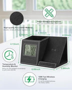 Pen Holder with Wireless Charger, Built in Digital Indoor Thermometer and Humidity Monitor, Multi-Functional Desktop Organizer for Home, School, Office Supply, Midnight Black - Image 5