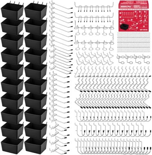 320PCS Pegboard Accessories Kit, Pegboard Hooks Assortment with Bins and Stainless Steel Peg Locks, Tool Organizer for 1/8" and 1/4" Pegboards, Garage Wall Organization, Workshop and Tool Storage by SEDY