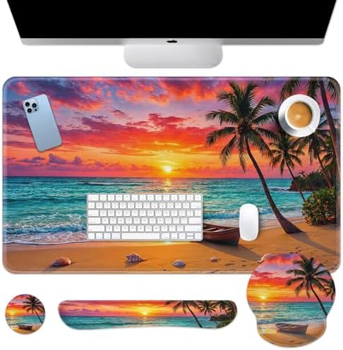 Arttown Keyboard Mouse Pad Set, 4 in 1 Desk Mat Set Ocean Beach Blue by Arttown