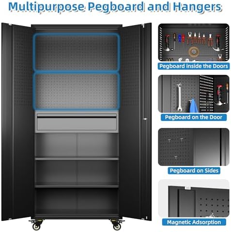 SUXXAN 71-Inch Garage Storage Cabinet with Drawer, Pegboard and Wheels - Image 5