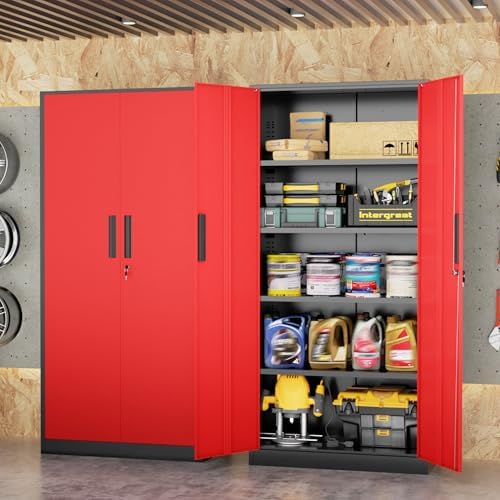 INTERGREAT Metal Storage Cabinet, 72" Locking Steel Cabinets with 2 Door and 4 Adjustable Shelves, Tall Metal Cabinet for Home Office, Garage, Warehouse,(Black+Red) - Image 2
