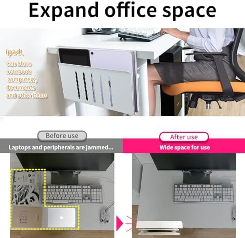 Desk Side Storage, Under Desk Storage, No Drill Steel Hanging Desk Organizer, Laptop Holder, Table Hanging Storages Holder for Office & Home (White) - Image 4