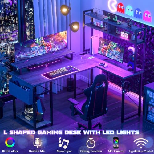 Aheaplus Small L Shaped Desk Gaming Desk with LED Lights & Power Outlets - Image 3