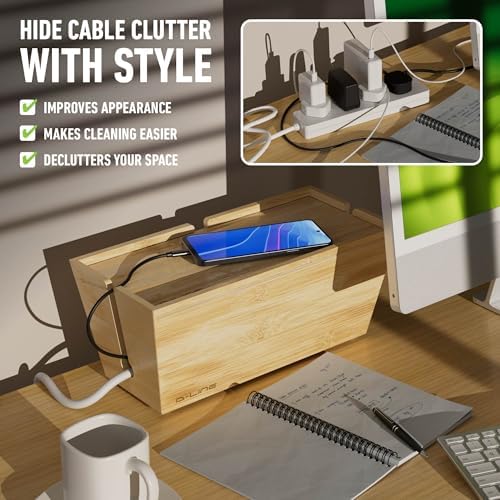 D-Line Bamboo Cable Management Box – Hide Power Strips, Large Cable Organizer Box for Home & Office, Wooden Cord Organiser for Desk, TV & Floor – Natural Finish - Image 2