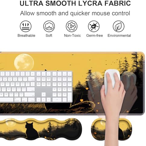 Ergonomic Keyboard Wrist Rest & Mouse Pad Wrist Rest Set, Large XXL Gaming Desk Mat 31.5"x 11.8" with Non-Slip Base, Memory Foam, Easy Typing Pain Relief for Home & Office, Black Cat - Image 3