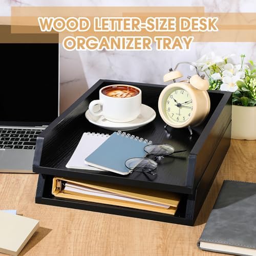 DoubleFill 2 Pcs Wooden Letter Tray 2 Tier Letter-Size Desk Tray, Black - Image 3