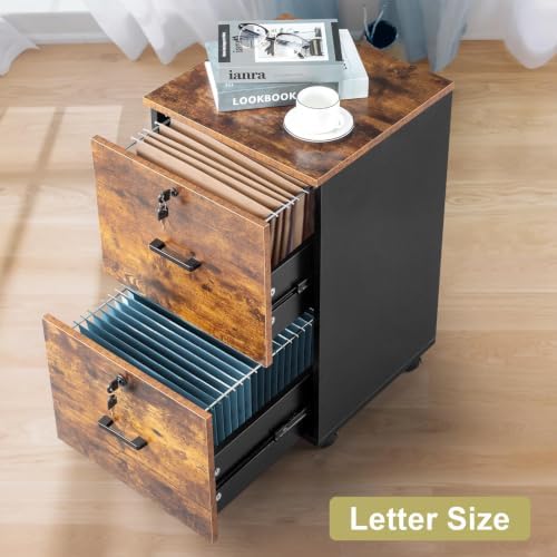 VINGLI 2-Drawer Small Rolling File Cabinet with Lock, Wood Filing Cabinet for Hanging Letter Size Filings with Tabs, Mobile Under Desk File Cabinets for Home Office, Rustic Brown, 27.2" H - Image 2