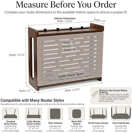 Jacob & Lane Decorative WiFi Box Hider - Bamboo Router and Modem Storage - Wall Mountable Wooden Shelf to Hide Router Modem Box with Cable Management (Up to 11" Tall) (Espresso) - Image 3