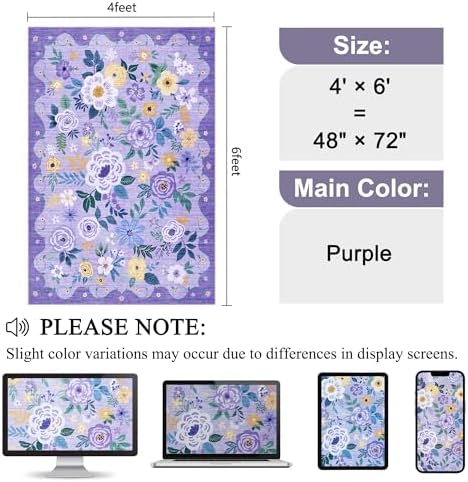 DUKINO 4x6 Area Rug, Floral Washable Rug Non Slip Office Chair Mat, Purple - Image 2