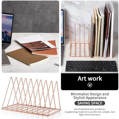 Shimeyao 6 Pieces Magazine Holder Triangle File Holder Book Record Metal Vinyl Record Storage Magazine Rack Multifunction Triangle File Organizer Sorter for Decor Home Office (Rose Gold) - Image 4