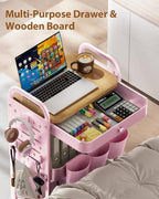 ALVOROG 3 Tier Metal Rolling Cart with Drawer,Wood Top,Pegboards,Pink - Image 6
