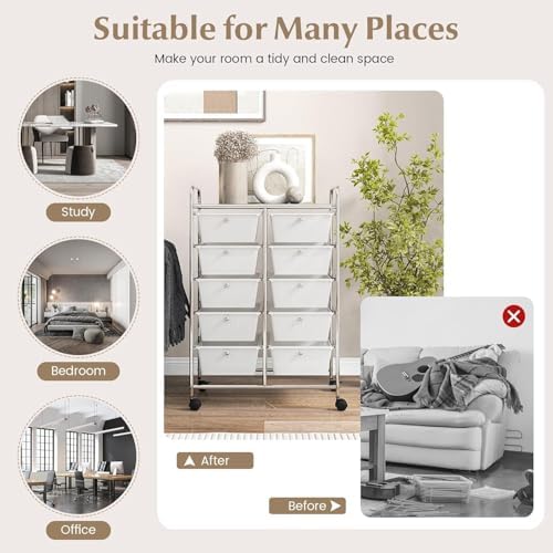 LDAILY 10 Drawer Rolling Cart, Storage Cart Organizer on Wheels, Drawer Cart with Metal Frame & Large Storage Capacity, Rolling Cart with Drawers for Living Room Classroom, Office - Image 6