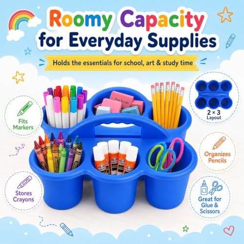 NINU 6 Pack Classroom Caddy Organizer with Handle, Plastic Drink Cup Caddy Holder, 6 Compartments for Kids, Table, Office, Arts, Crafts, Crayon, Marker, Pencil, School Supplies - 6Colors - Image 3