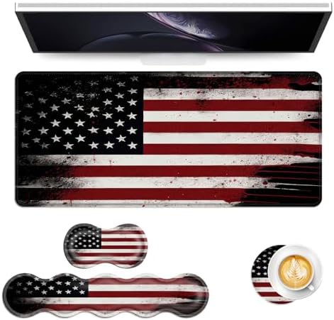 Keyboard Mouse Pad Set, Extended Gaming Mouse Pad+Ergonomics Keyboard Wrist Rest Support, Memory Foam, Easy Typing Pain Relief, 4Pcs XL Ultra Thick Desk Mat,Old American Flag by Vobber