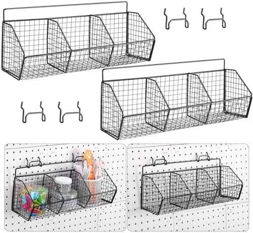 Suzile 2 Pcs Divided Pegboard Baskets Set Metal Garage Storage with 4 Pegboard Hooks Wall Mount Organizer for Workbench Bathroom Accessory Storage, 3 Grid(Black) by Suzile