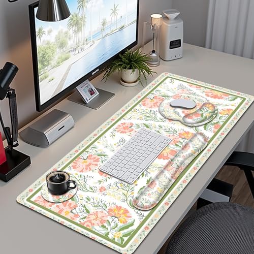 Desk Mat, 4in1 Large Mouse Pad with Wrist Rest, Cute Desk Matt for Desktop, Deskpad Mat, Anti-Slip XXL Computer Ergonomic Mousepad with Wrist Support for Keyboard and Mouse I Elegant Daisy Florals - Image 2