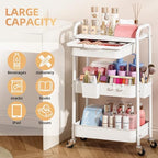 KINGRACK 3 Tier Metal Rolling Cart with Drawer, White Utility Storage Cart - Image 3