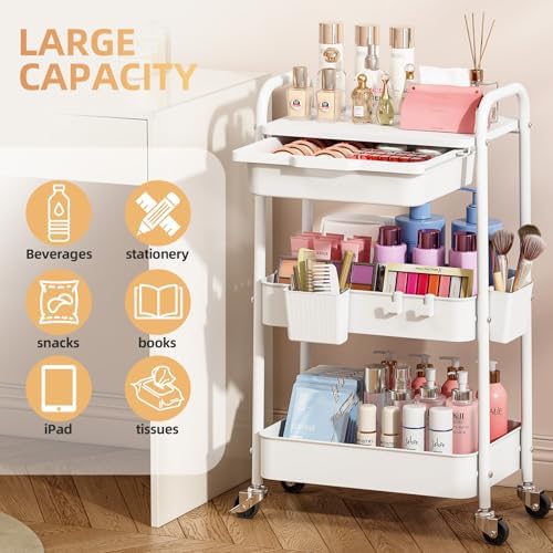 KINGRACK 3 Tier Metal Rolling Cart with Drawer, White Utility Storage Cart - Image 3