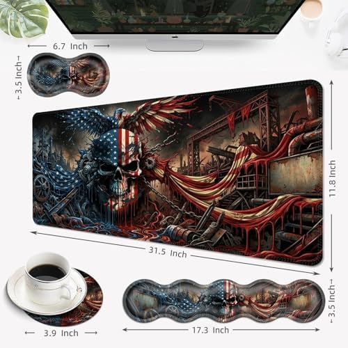 Desk Mat, Mouse Pad with Wrist Rest, 4-in-1 Large Mouse Pads for Desk, Ergonomic Mouse Pad and Keyboard Wrist Rest Gaming Keyboard Mat for Office,Skull American Flag - Image 6