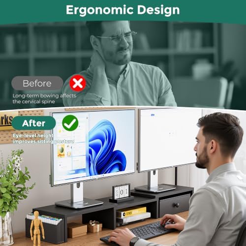Dual Monitor Stand Riser, Adjustable Length & Swivel Angle Monitor Stand, Ergonomic Monitor Stand with Drawer & Side Pockets, Desktop Organizer and Office Desk Accessories, Black - Image 4