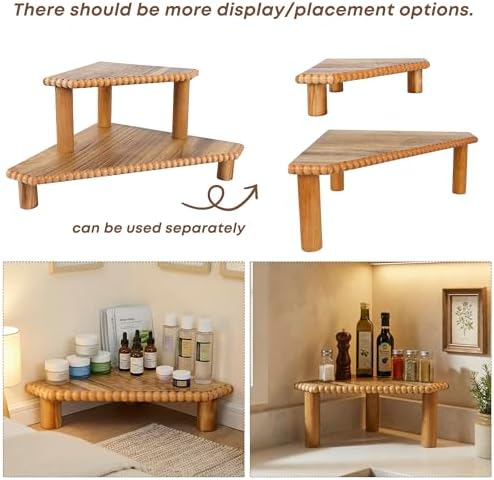 2-Tier Rustic Corner Shelf for Kitchen Counter,Wood Beaded Farmhouse Countertop Organizer with Removable Feet, Stackable Bathroom Vanity & Coffee Bar Decorative Riser Stand(Rustic Brown) - Image 5