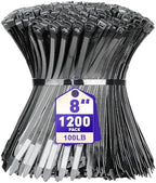 Zip Ties, RAZCC 1200pcs Black Cable Zip Ties 8 Inch, Heavy Duty Plastic Wire Ties with 100lb Tensile Strength, Self-Locking Black Nylon Tie Wraps for Indoor and Outdoor by RAZCC