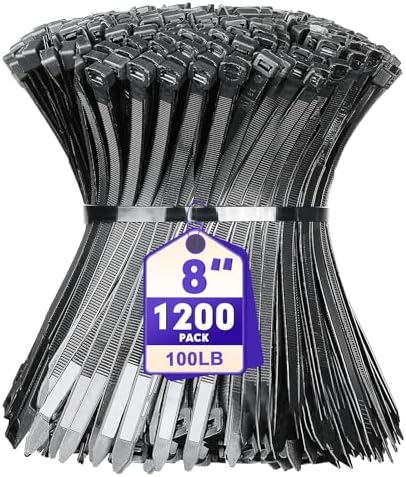Zip Ties, RAZCC 1200pcs Black Cable Zip Ties 8 Inch, Heavy Duty Plastic Wire Ties with 100lb Tensile Strength, Self-Locking Black Nylon Tie Wraps for Indoor and Outdoor by RAZCC