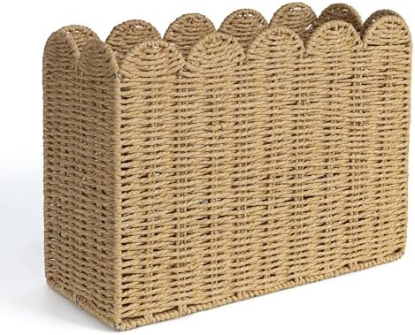 AELS Woven Natural Fibre Magazine Holder, Scalloped Edge Floor Magazine Rack, Hand-woven Organizer, Boho Modern Farmhouse Book Basket, File Newspaper Mail Holder for Office by AELS