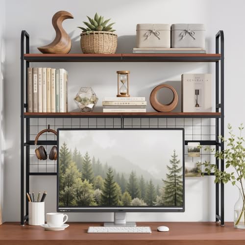 VECELO Retro Brown 2-Tier Desktop Bookshelf, Metal Desk Hutch with Grid Panel, 45.3 Inch Wide Countertop Storage Organizer for Bedroom & Dorm - Image 3
