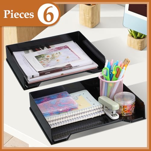 DoubleFill 6 Pcs Stackable Letter Tray Plastic Paper Tray, Black - Image 2