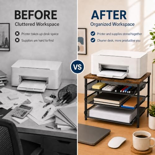 4-Tier Printer Stand with Storage for Desk, Wood Top, Black - Image 6