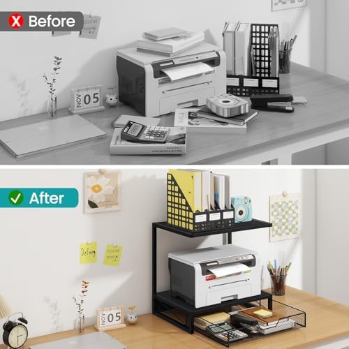 ELITEROO 2-Tier Printer Shelf with Drawers, Wooden Desk Shelf for Printer - Image 4
