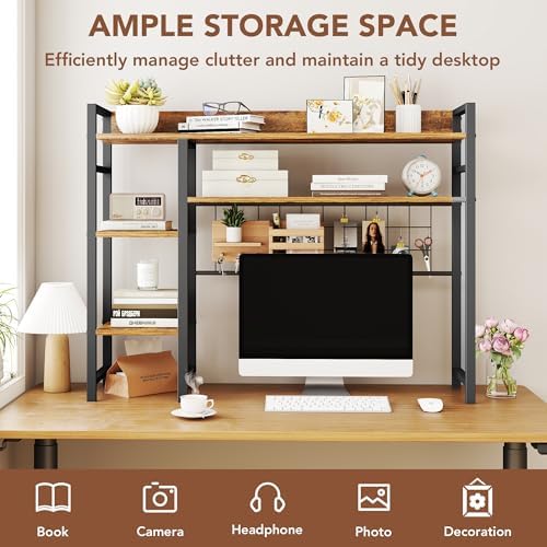 WAYTRIM Desk Shelf, Wood Desk Organizer Shelf 4 Tier Countertop Desktop Bookshelf Cubicle Storage Rack Top of Desk, Desk Hutch Dorm for Top of Desk Pegboard Hooks Set Desktop Display Rack (Brown) - Image 3