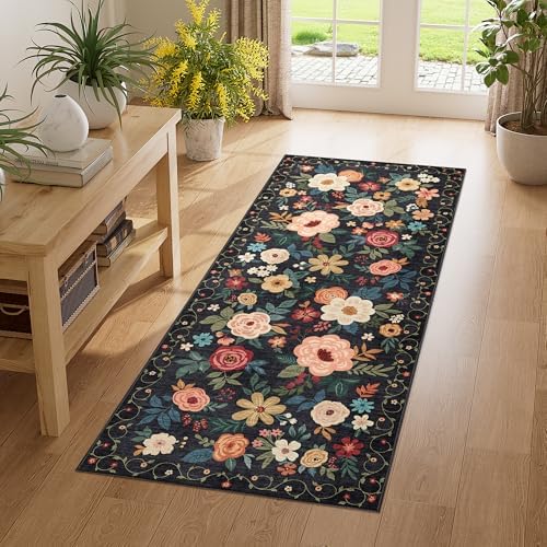 DUKINO 2x5 Runner Rug, Floral Washable Rug for Kitchen Non Slip, Black by DUKINO