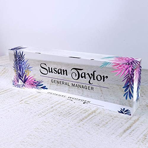 Artblox Office Desk Name Plate Personalized | Custom Name Plates for Desks | Leaf Purple Design On Clear Acrylic Glass | Office Desk Decor - (8" x 2.5") - Image 5