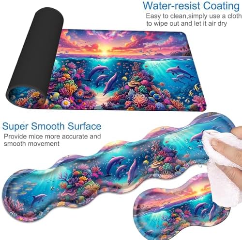 Desk Mat, Mouse Pad with Wrist Rest, 4-in-1 Large Mouse Pads for Desk, Ergonomic Mouse Pad and Keyboard Wrist Rest Gaming Keyboard Mat for Office,Dolphin Coral Sunshine - Image 3