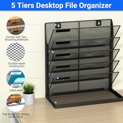 Legal/Letter Size Hanging Wall File Organizer Desktop Self Standing File Organizer,6-Tier Wall Mount Paper Document Folder Holder,Metal Mesh Magazine Rack for Office Home, Black ﻿ - Image 6