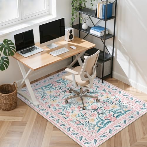 Anidaroel 48"x60" Office Chair Mat for Hardwood Floor/Tile Floor, Anti-Slip Floral Desk Mat for Chair,Boho Desk Rug for Office, Low Pile Office Rugs for Rolling Chairs, Blush Pink Floor Protector Rug by Anidaroel