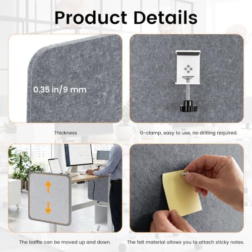 Felt Desk Divider, Clamp-On Privacy Panel, 24 x 48 Inch, Light Gray - Image 3