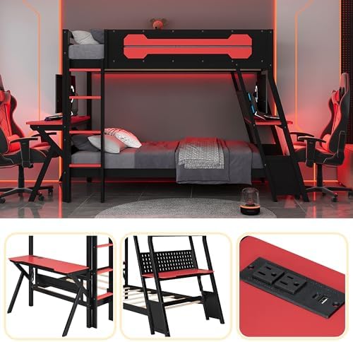 Polibi Twin Over Twin Bunk Bed with 2 Built-in Gaming Desks, USB Charging Ports & Pegboard Organizer, E-Sports Gaming Bed Frame for 2 Kids/Teens, Red (Twin Size) - Image 3