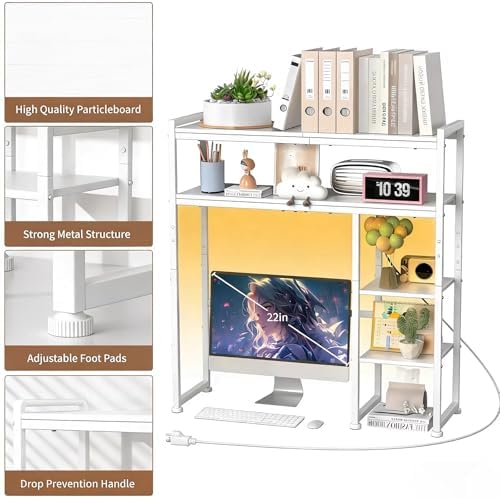 Aetheris Desktop Organizer Shelf, 30" Wooden Office Storage Rack with Outlets, Display Shelf Rack with Light Strip, 5 Tier Desktop Display Rac, Desk Shelf, Desk Hutch for Computer Monitor (White) - Image 7
