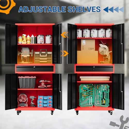 Fesbos 73" Metal Cabinet-Black & Red Heavy Duty Rolling Storage Cabinet Steel Tool Cabinets with Wheels, Shelves, Lockable Doors and Drawers- for Garage, Warehouse Home Office- Assembly Required - Image 4