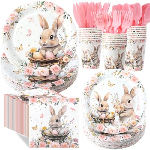 400 Pcs Bunny Birthday Party Decorations for 50 Guests, Pink Floral Bunny Paper Plates and Napkins Cups Cutlery Rabbit Disposable Tableware Set for Spring Baby Shower Birthday Supplies by Sunnychicc