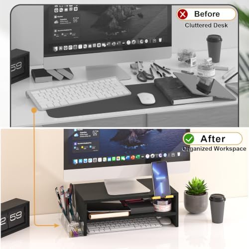 TEAMIX 2 Tiers Wood Monitor Stand Riser with Phone Holder & Side Pen Holder - Image 6