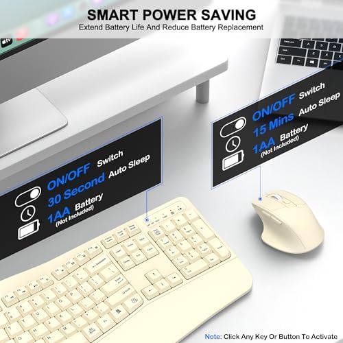 Wireless Keyboard and Mouse Combo, 2.4G Ergonomic Wave Keys (Latte) - Image 6