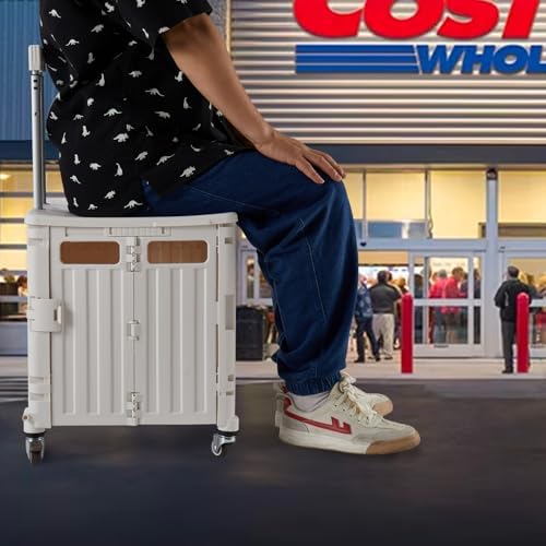 Foldable Utility Cart Folding Portable Rolling Crate Handcart with Durable Heavy Duty Plastic Telescoping Handle Collapsible 4 Rotate Wheels for Travel,Shopping, Luggage, Office, Teacher(White) - Image 5