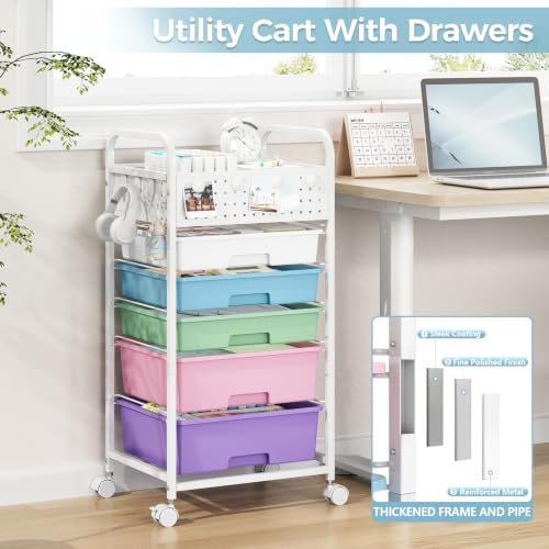 5 Drawer Rolling Storage Cart with Pegboard Top and Hooks, Ice Cream - Image 6