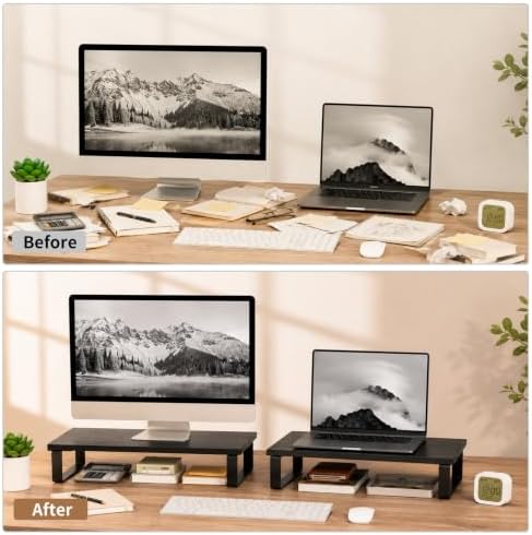 XINYAO 2 Pack Monitor Riser for Desk, Wood and Steel, 16*12*3 inch, Black - Image 5