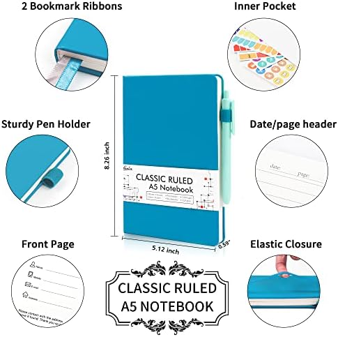 5 Pack Journal Notebook Bulk for School, Feela Hardcover Business Notebooks Classic Ruled Lined Journals with Pen Holder for Work Note Taking, with 5 Black Pens, 120 GSM, 5.1”x8.3”, A5, Teal - Image 2